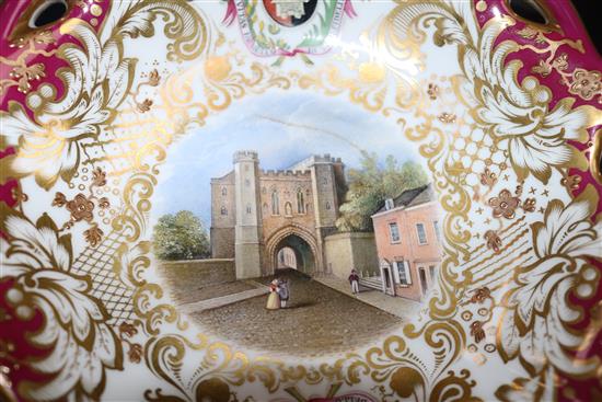 A rare pair of George Grainger & Co. Worcester topographical dessert comports, c.1846, firing fault to sky above tower, height 14cm